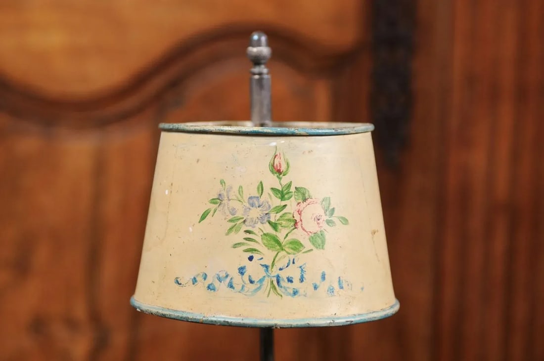 19th Century French Tole Lamp with Original Hand-Painted Floral Themed Shade - 5