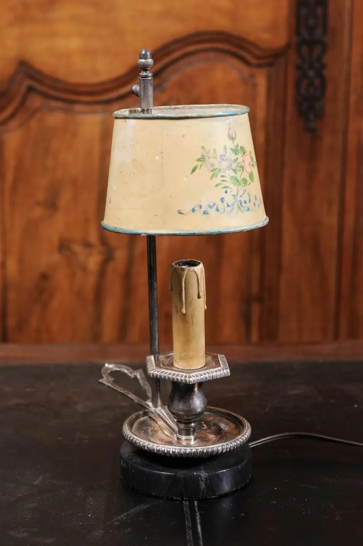 19th Century French Tole Lamp with Original Hand-Painted Floral Themed Shade - 7