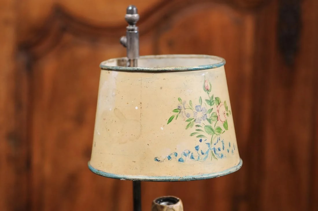 19th Century French Tole Lamp with Original Hand-Painted Floral Themed Shade - 8