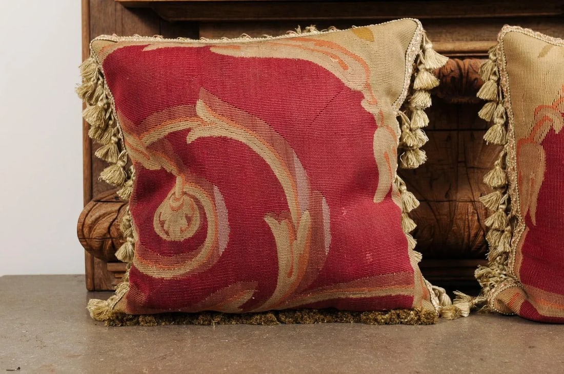 French Pillows Made of 19th Century Aubusson Tapestries with Foliage - a Pair - 10