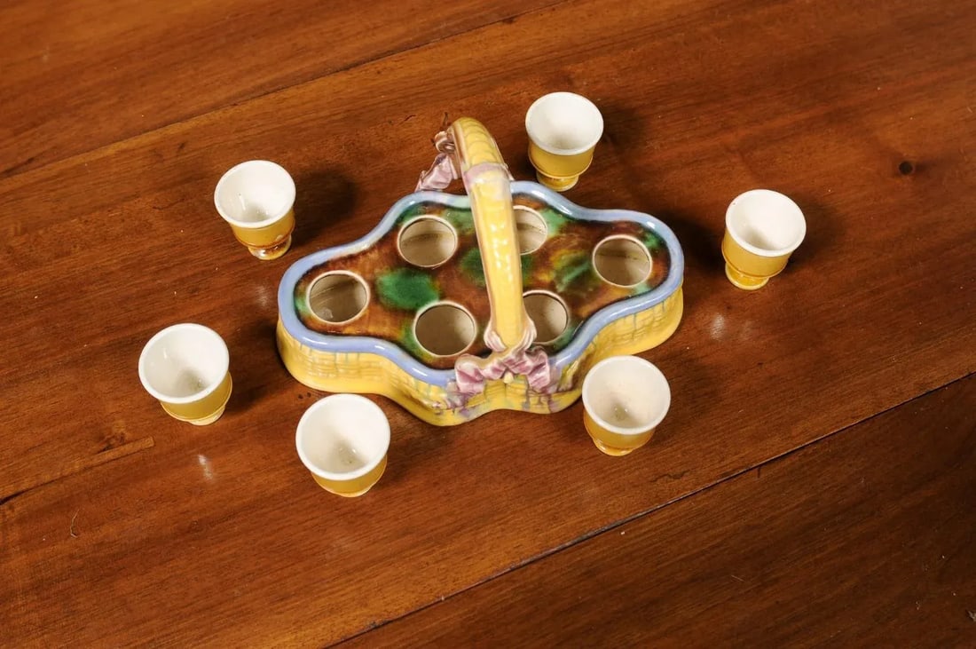 French 19th Century Majolica Porcelain Yellow Glazed Basket with Egg Cups Set- 7 Pieces - 10