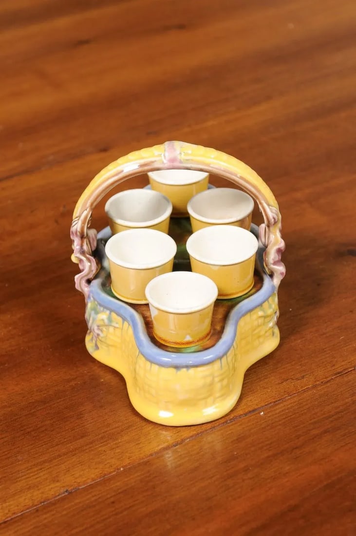 French 19th Century Majolica Porcelain Yellow Glazed Basket with Egg Cups Set- 7 Pieces - 11