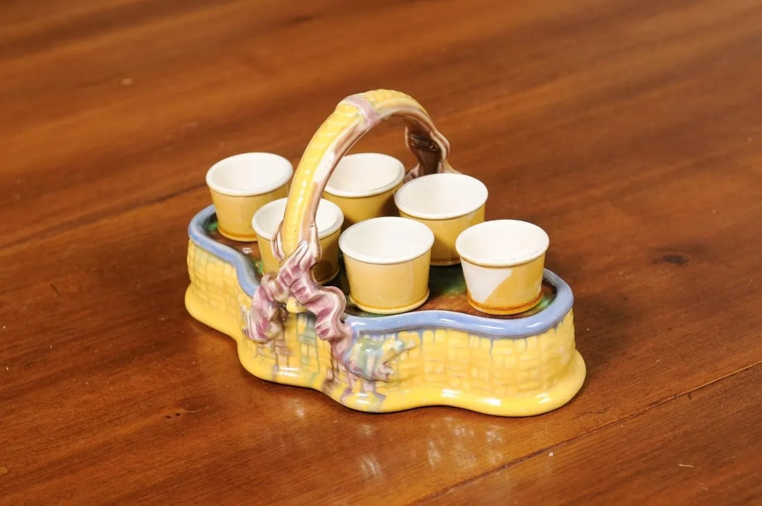 French 19th Century Majolica Porcelain Yellow Glazed Basket with Egg Cups Set- 7 Pieces - 12