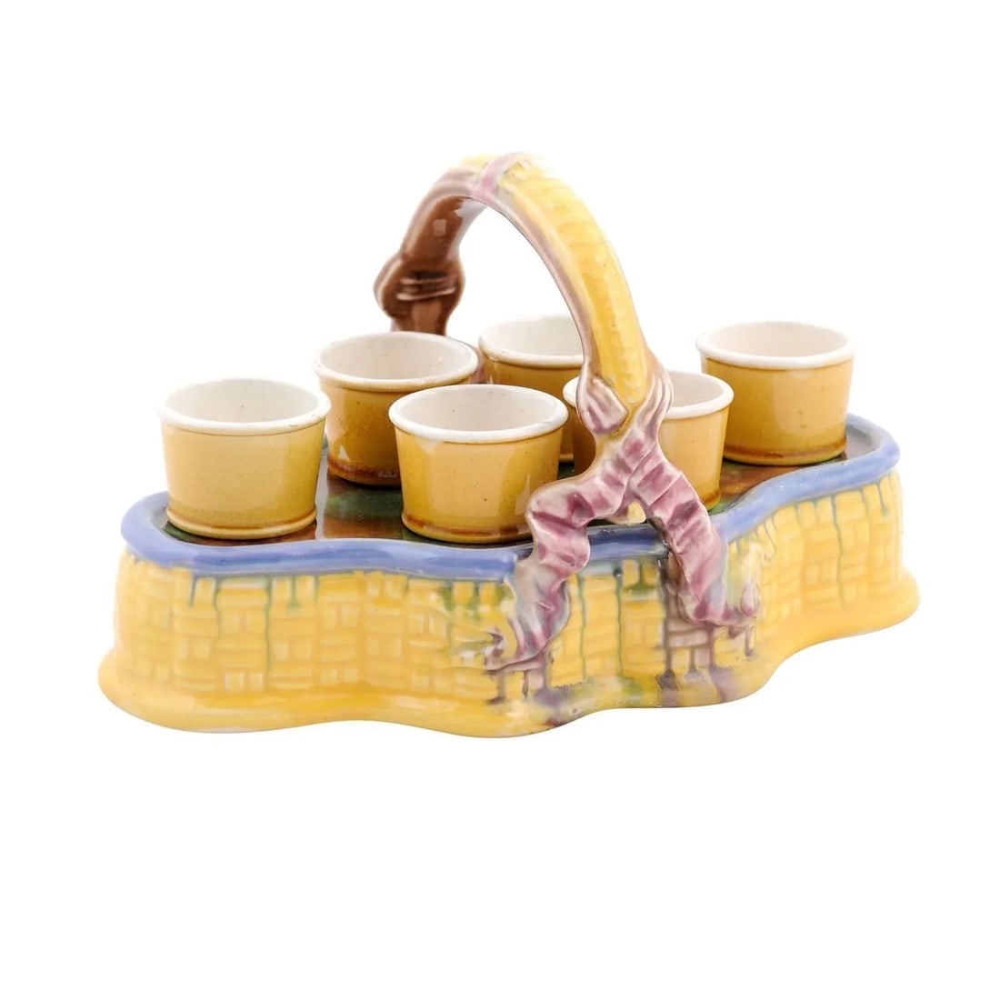 French 19th Century Majolica Porcelain Yellow Glazed Basket with Egg Cups Set- 7 Pieces - 13
