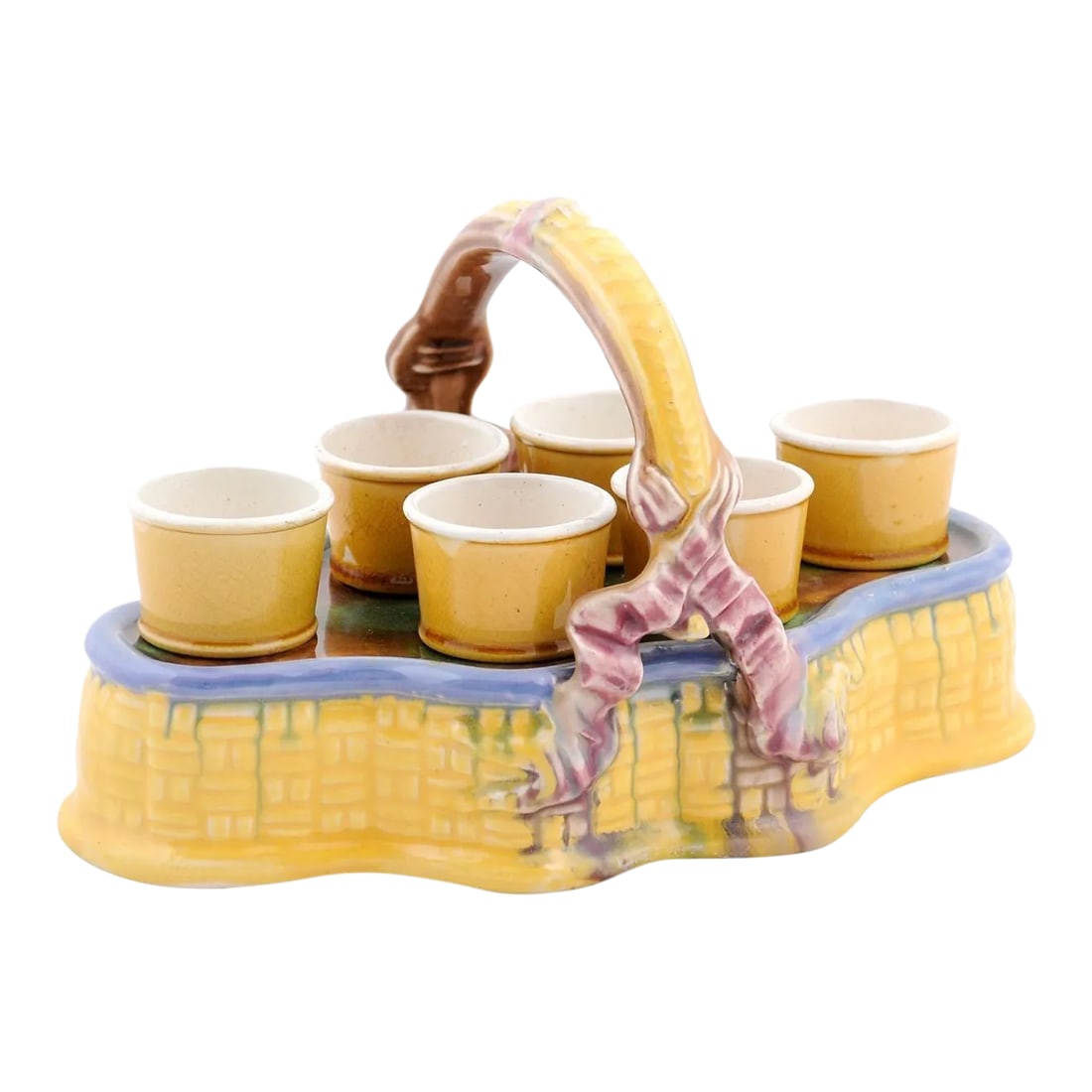 French 19th Century Majolica Porcelain Yellow Glazed Basket with Egg Cups Set- 7 Pieces (1 of 13)