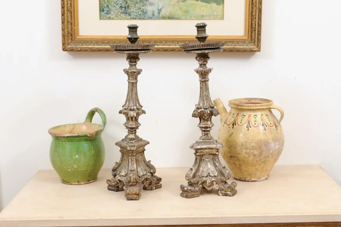 Rococo Period 18th Century Italian Painted and Carved Candlesticks - a Pair - 2