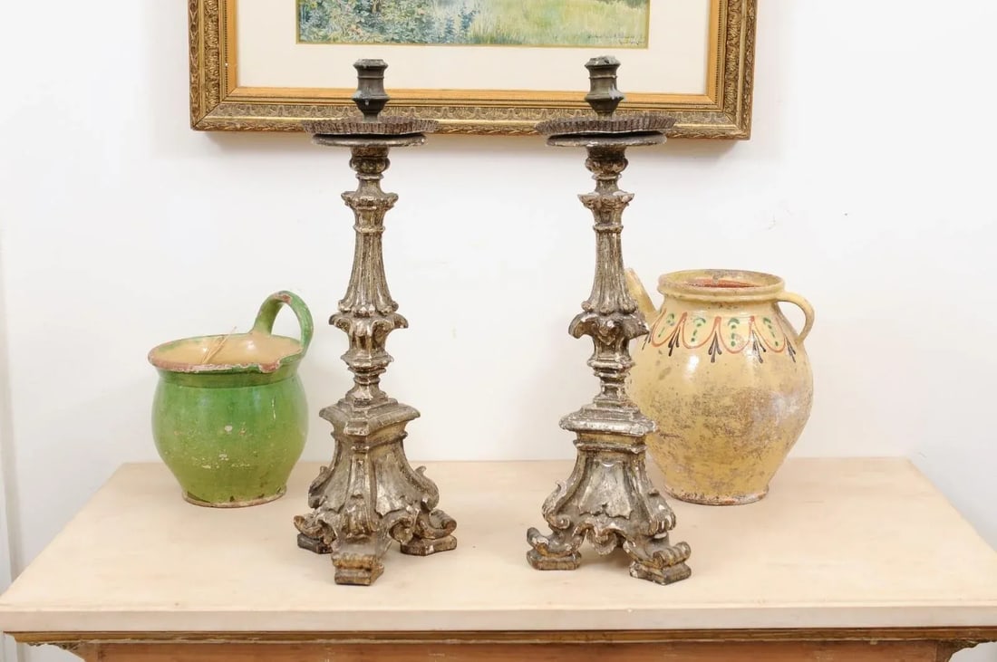 Rococo Period 18th Century Italian Painted and Carved Candlesticks - a Pair - 4