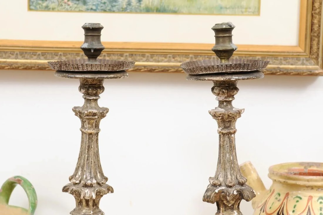 Rococo Period 18th Century Italian Painted and Carved Candlesticks - a Pair - 6