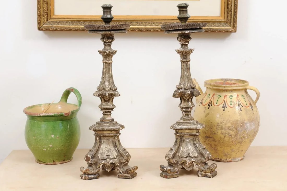 Rococo Period 18th Century Italian Painted and Carved Candlesticks - a Pair - 8