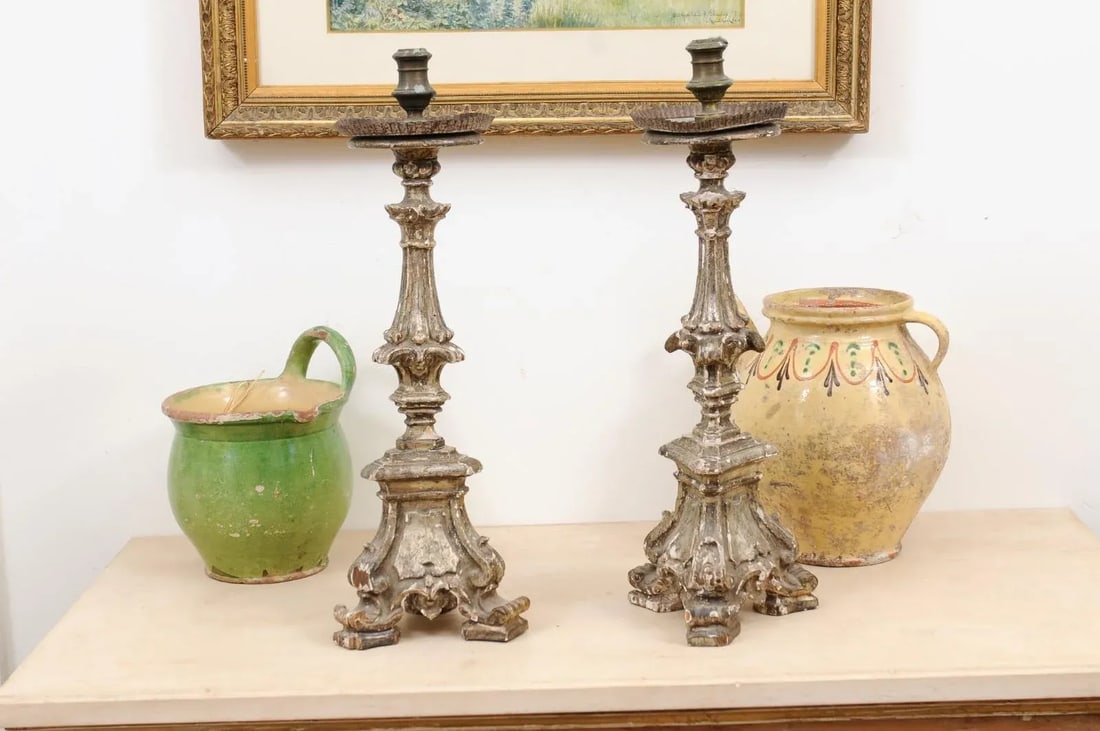 Rococo Period 18th Century Italian Painted and Carved Candlesticks - a Pair - 9