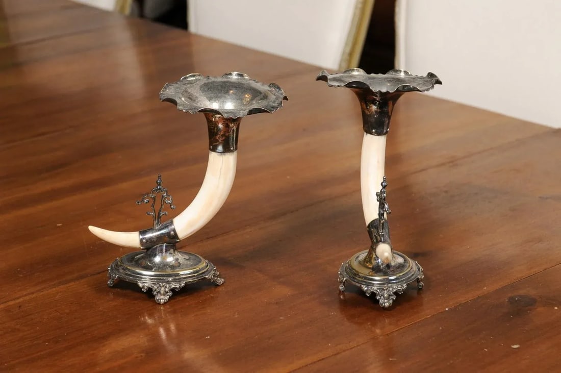 English Victorian Rodgers & Sons 19th Century Game Animal Horns on Silver Mounts - A Pair - 9
