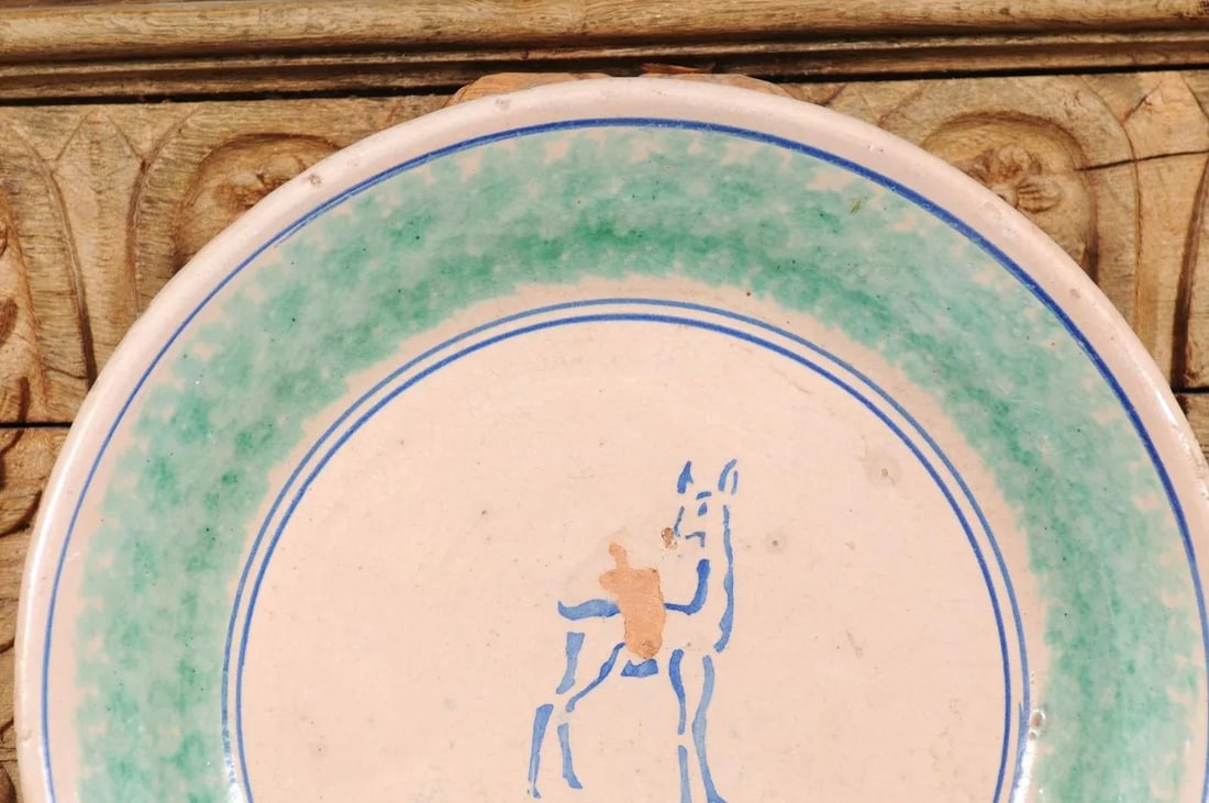 1910s Northern Italian Pottery Platter with Blue Deer Motif and Weathered Patina - 6