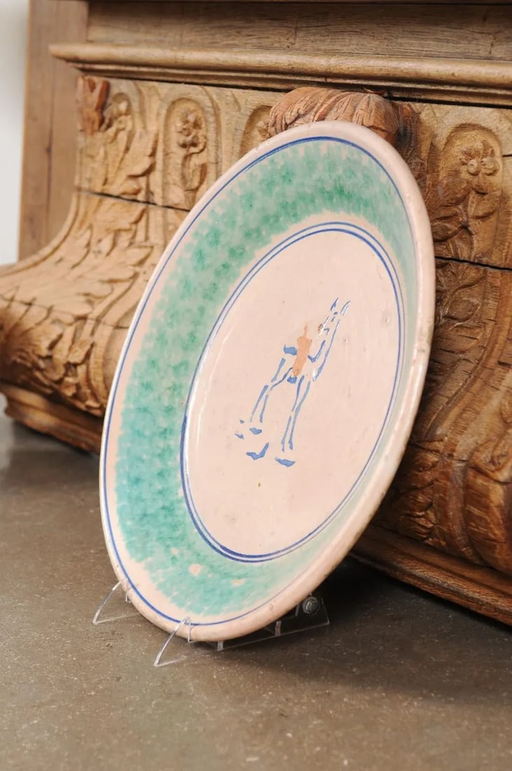 1910s Northern Italian Pottery Platter with Blue Deer Motif and Weathered Patina - 9