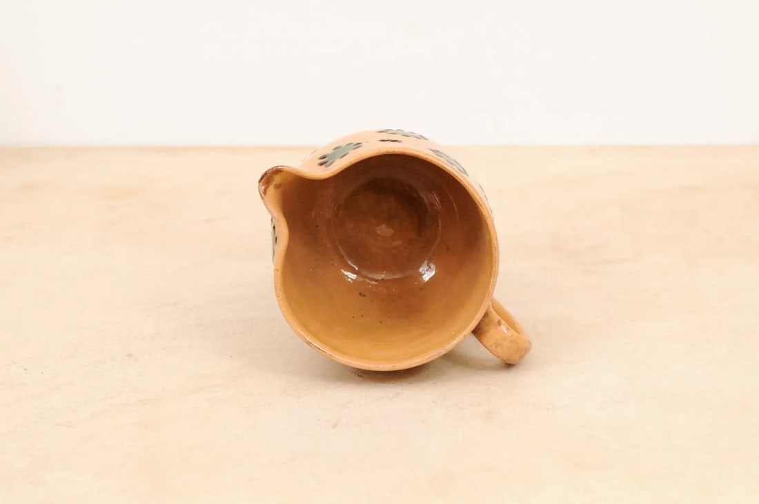 19th Century Rustic French Peach Glazed Pitcher with Green & Chocolate Décor - 3