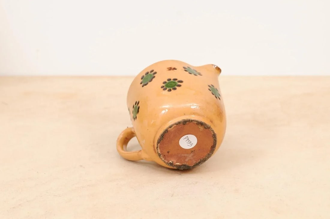 19th Century Rustic French Peach Glazed Pitcher with Green & Chocolate Décor - 4