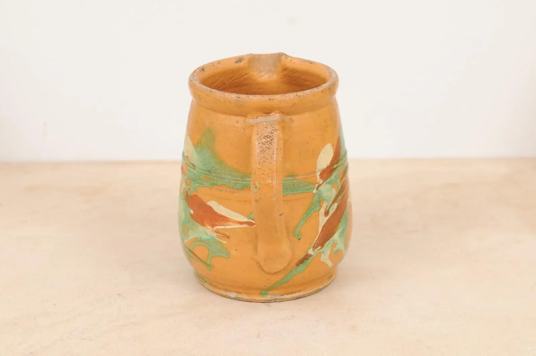 19th Century French Jaspe Pottery Pitcher with Yellow Glaze and Green Accents - 10