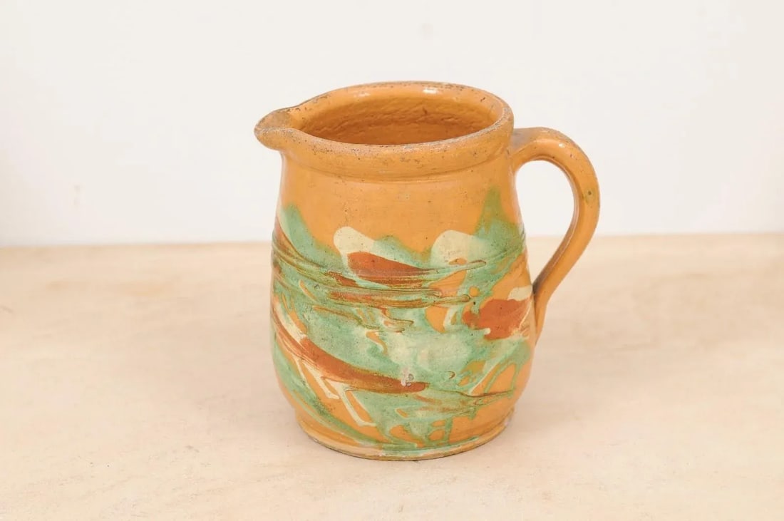 19th Century French Jaspe Pottery Pitcher with Yellow Glaze and Green Accents - 12