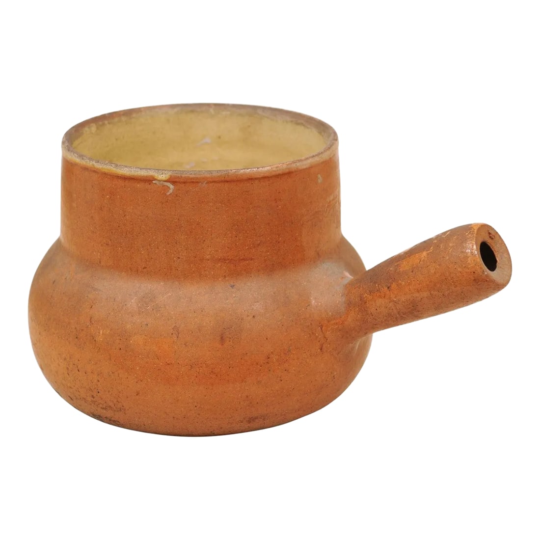 19th Century Rustic French Pottery Pot with Brown Glaze and Straight Handle: A rustic French pottery pot from the 19th century, with brown glaze and straight handle. Created in France during the 19th century, this pottery pot features a brown glazed circular body showing a