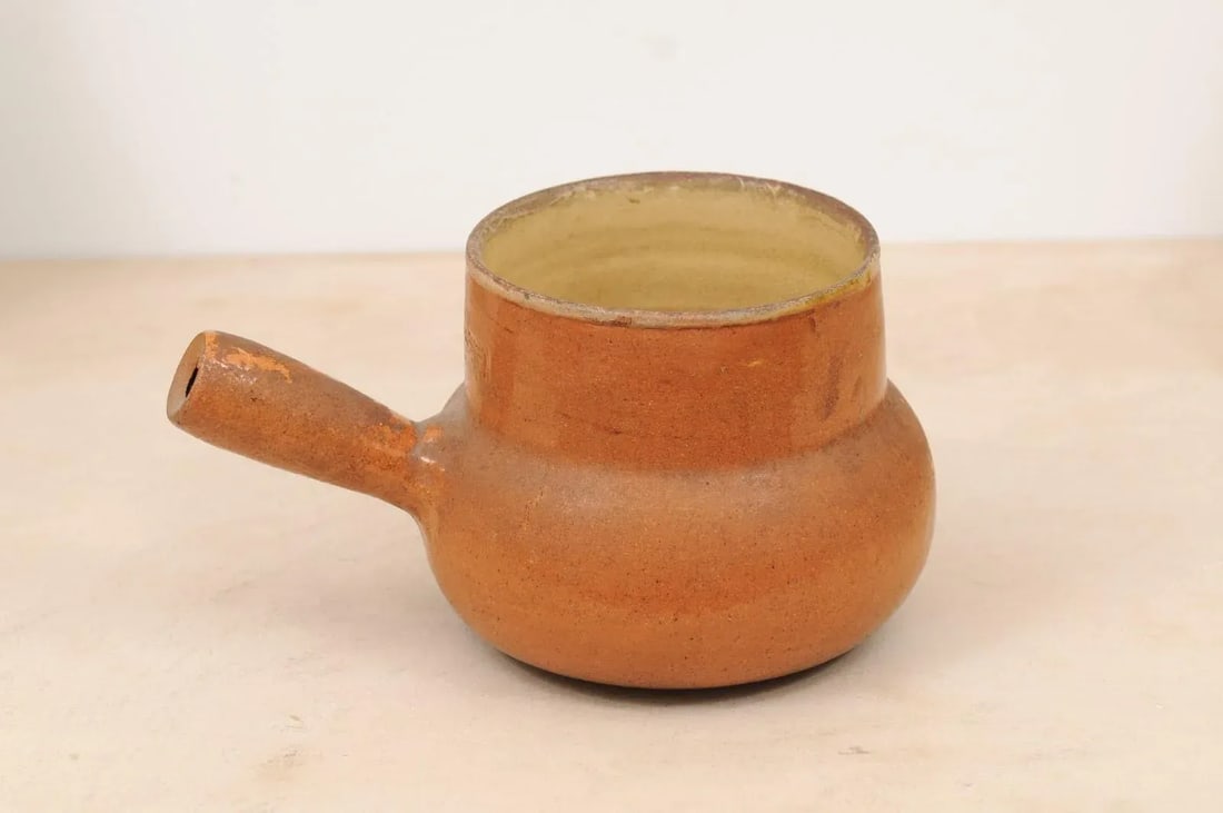 19th Century Rustic French Pottery Pot with Brown Glaze and Straight Handle - 6