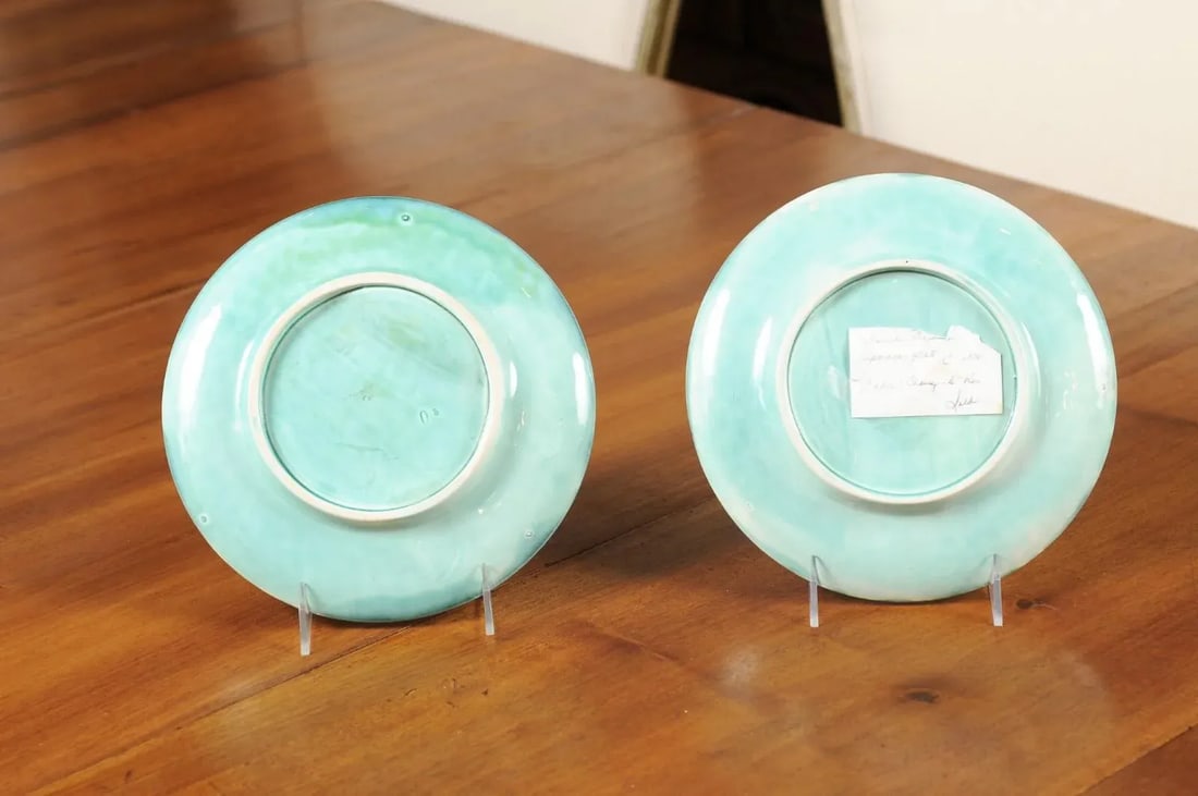 French 20th Century Asparagus Plates with Aqua Color and Rippled Accents - a Pair - 11