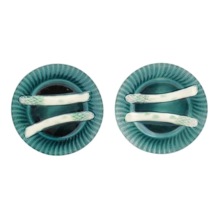 French 20th Century Asparagus Plates with Aqua Color and Rippled Accents - a Pair: A pair of French asparagus plates from the 20th century, with aqua ground and rippled accents. Created in France during the 20th century, each of this pair of asparagus plates features an aqua ground 