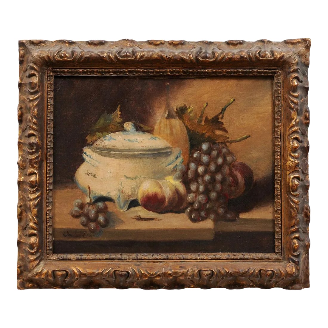 19th Century French Still Life Oil Painting, Framed: A French framed signed oil on canvas painting from the 19th century, depicting fruits and porcelain. Created in France during the 19th century, this framed still-life captures our attention with its d