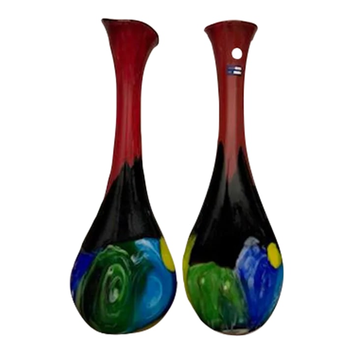 1990s Tall Blown Glass Vases - a Pair: Pair of large, tall blown glass vases with long necks and very vibrant colors. They are wide at the bottom, not bulbous and more flat than deep, so they don't take up too much space. The colors near