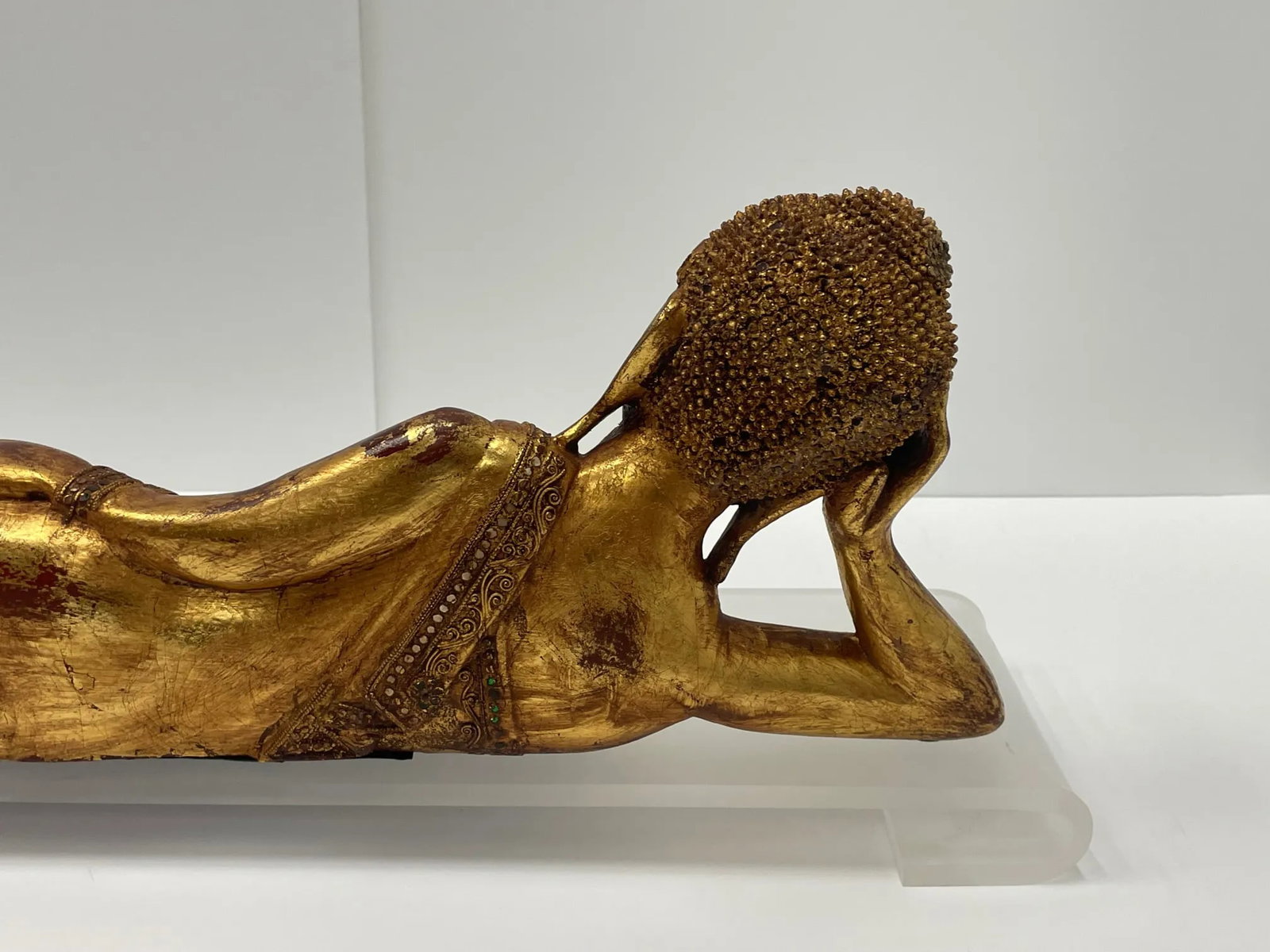 Hand Carved Giltwood Reclining Buddha on Custom Lucite Base - 10