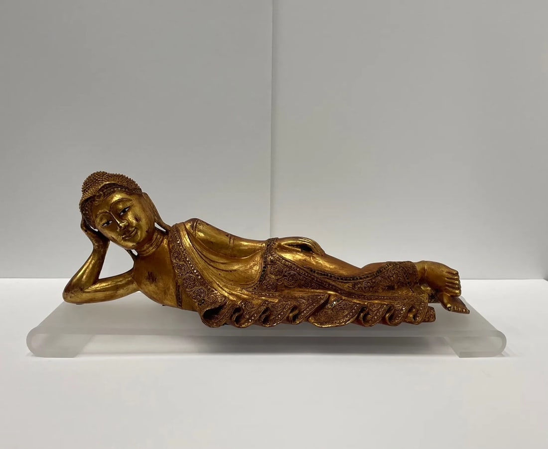 Hand Carved Giltwood Reclining Buddha on Custom Lucite Base - 11