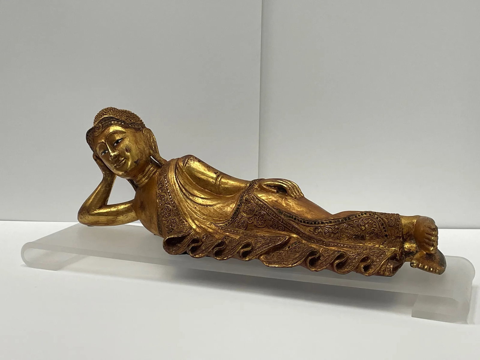 Hand Carved Giltwood Reclining Buddha on Custom Lucite Base - 2