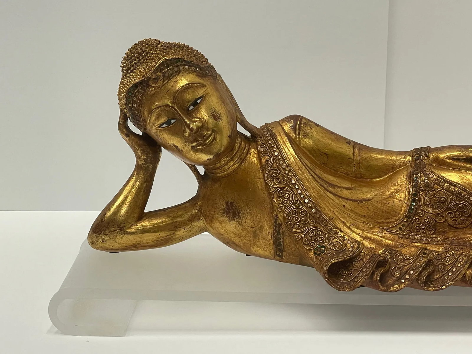 Hand Carved Giltwood Reclining Buddha on Custom Lucite Base - 3
