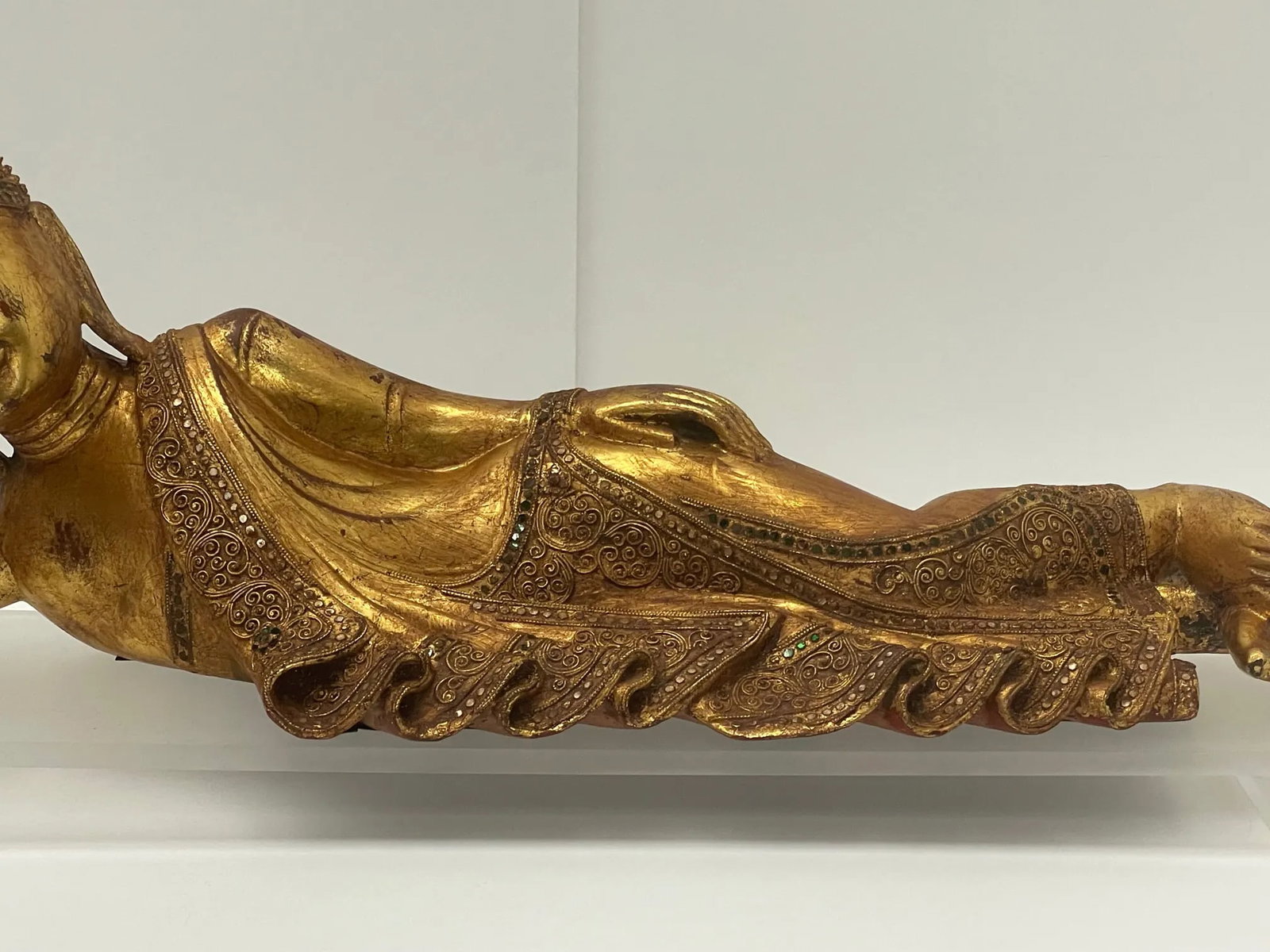 Hand Carved Giltwood Reclining Buddha on Custom Lucite Base - 4