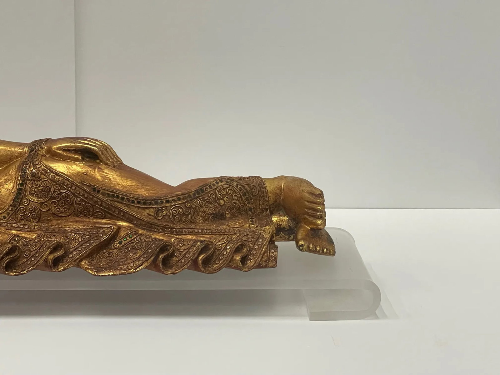 Hand Carved Giltwood Reclining Buddha on Custom Lucite Base - 5