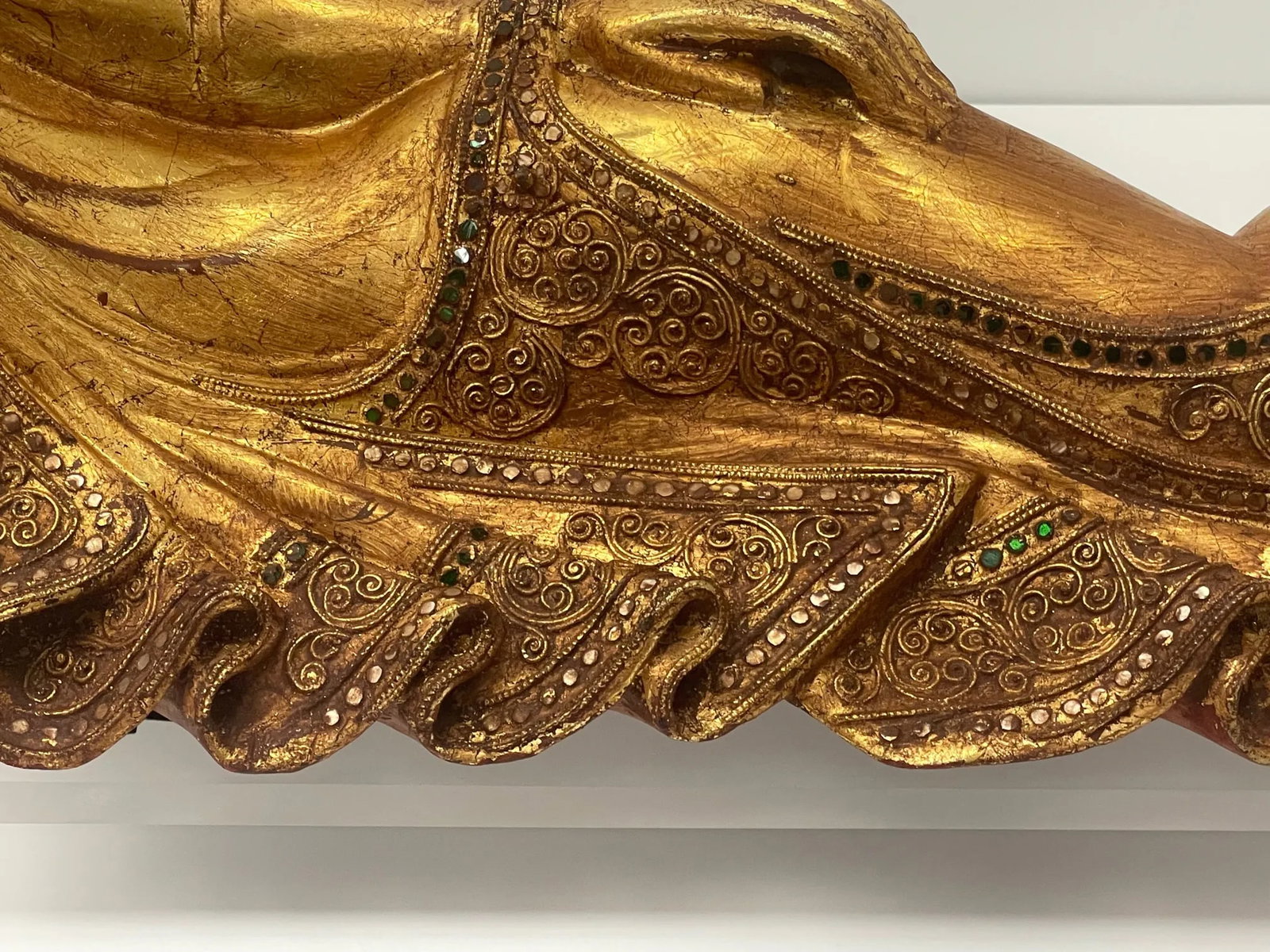Hand Carved Giltwood Reclining Buddha on Custom Lucite Base - 6