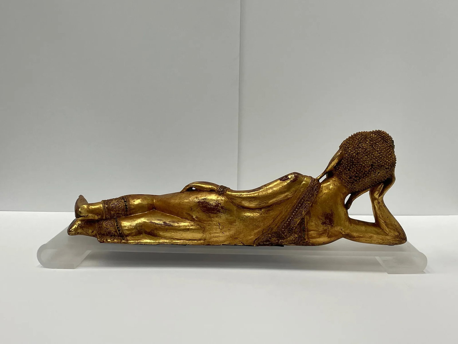 Hand Carved Giltwood Reclining Buddha on Custom Lucite Base - 7