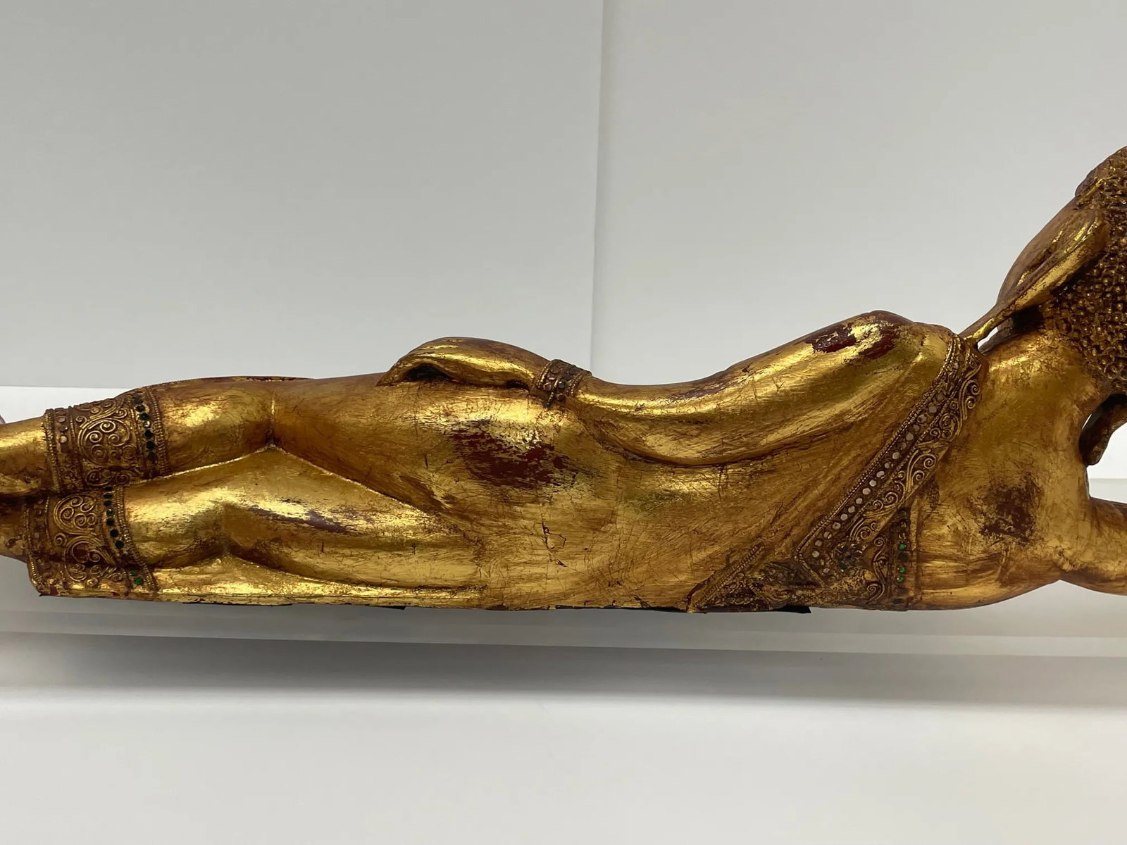 Hand Carved Giltwood Reclining Buddha on Custom Lucite Base - 8