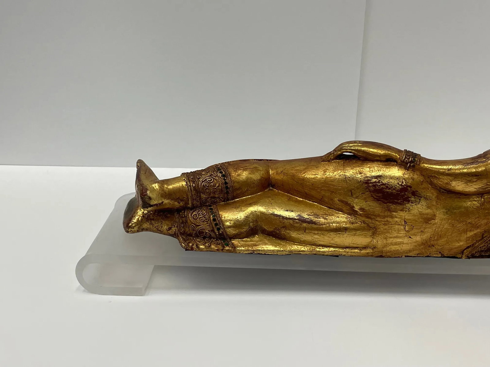 Hand Carved Giltwood Reclining Buddha on Custom Lucite Base - 9