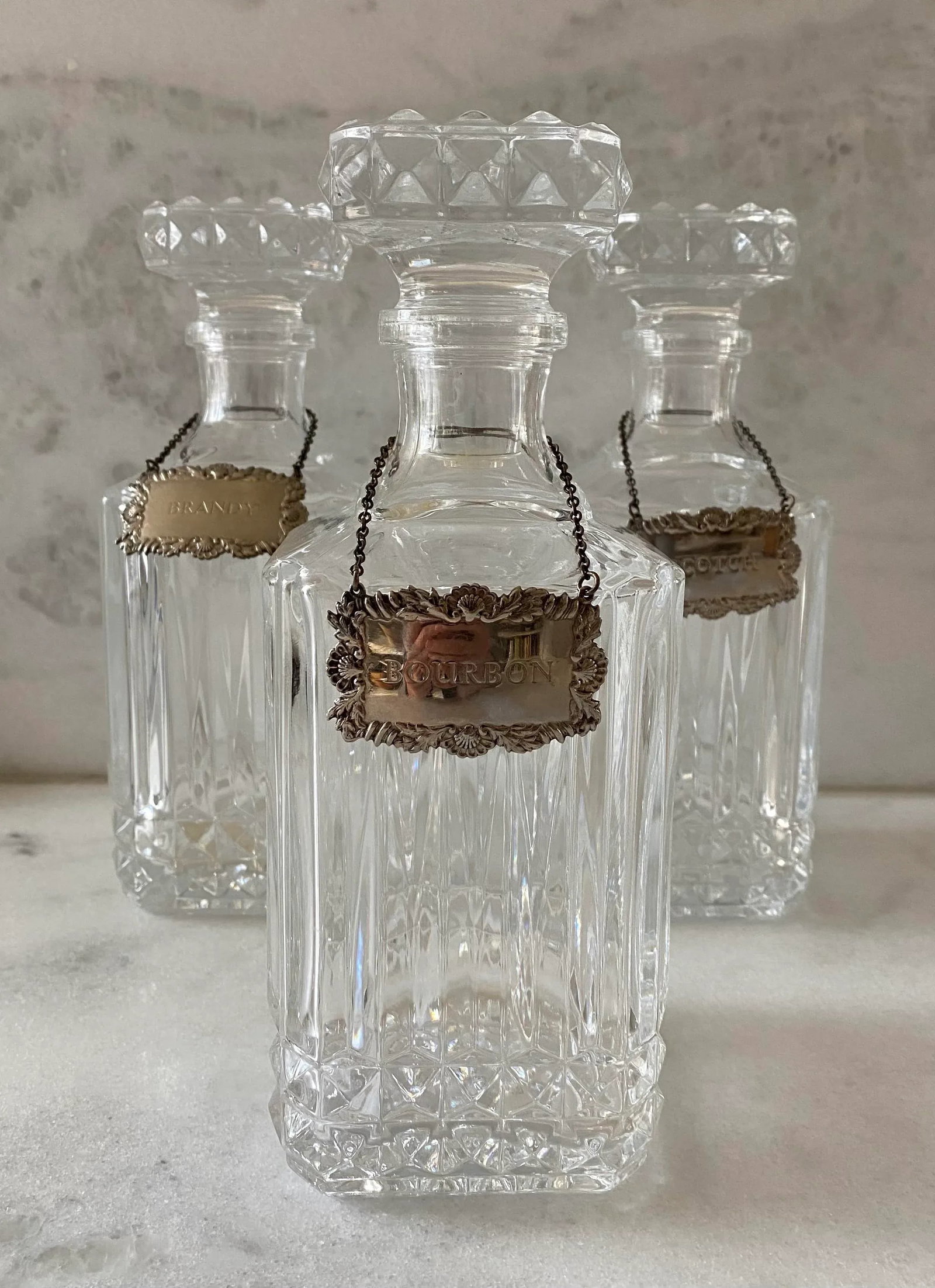 Vintage Sqaure Cut Crystal Glass Decanters With Diamond Point Pattern - Set of 3 - 13
