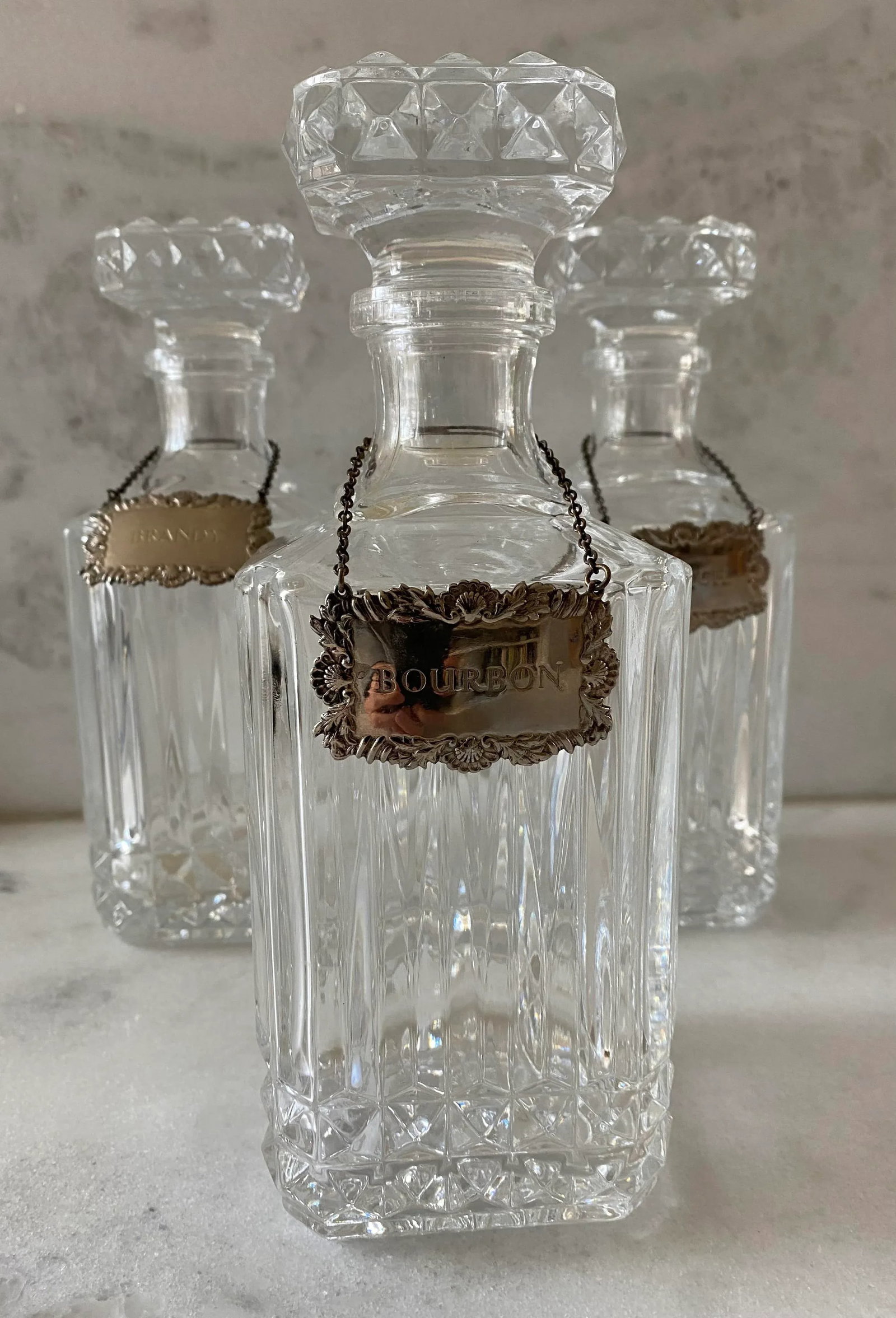 Vintage Sqaure Cut Crystal Glass Decanters With Diamond Point Pattern - Set of 3 - 2