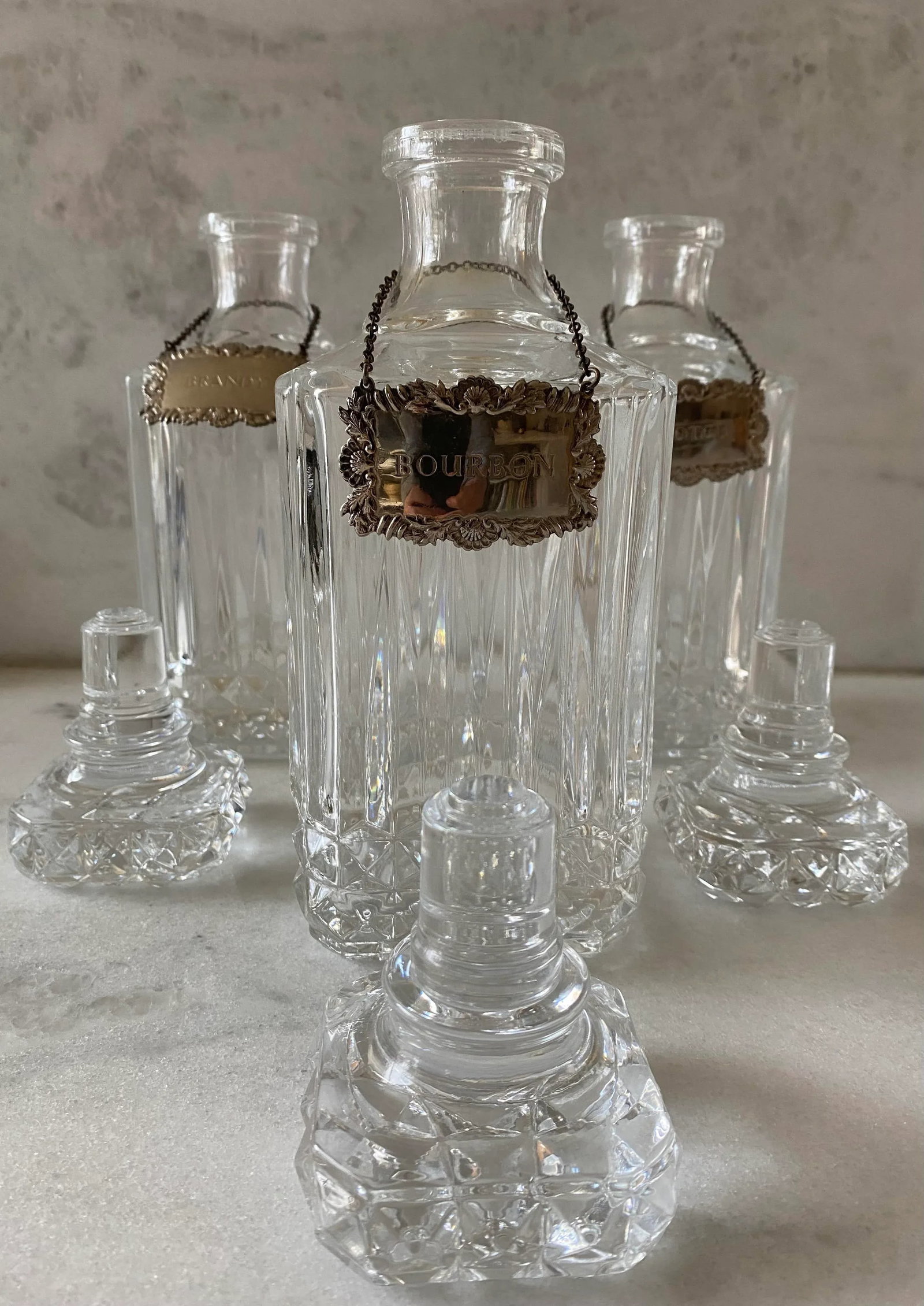 Vintage Sqaure Cut Crystal Glass Decanters With Diamond Point Pattern - Set of 3 - 3