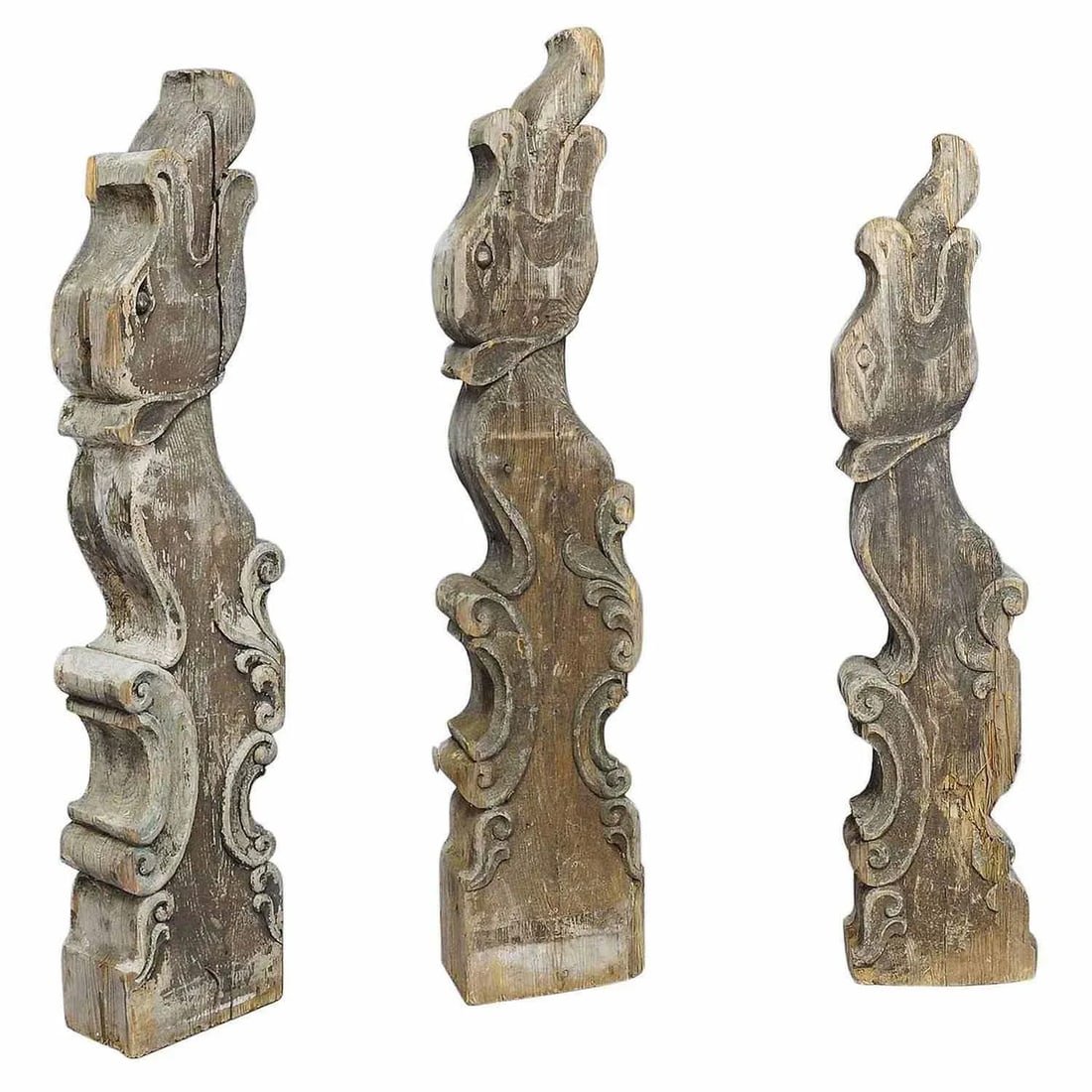 Set of Three Historical Dragon Head Wood Beams - 10