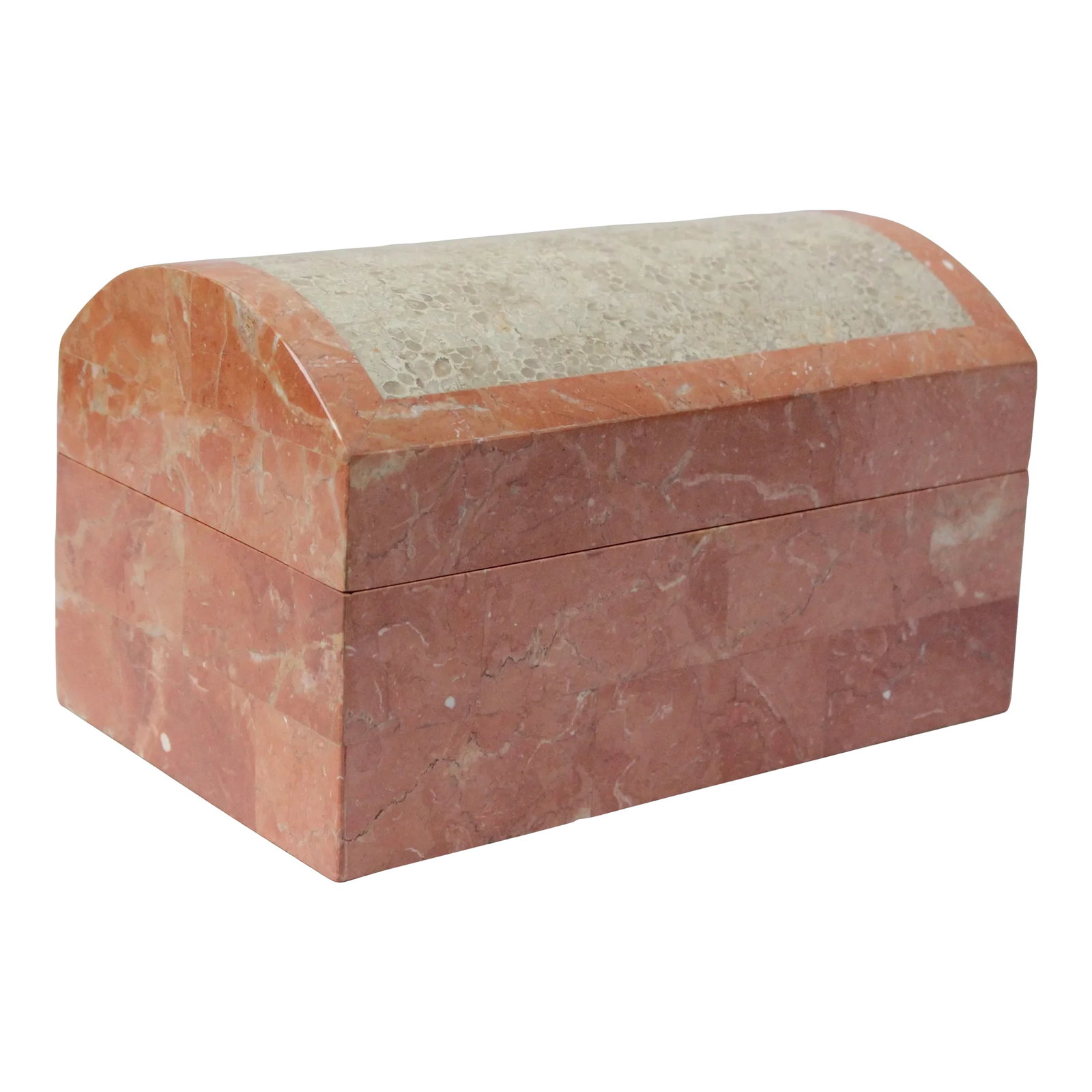 Vintage Tessellated Stone Jewelry Box by Maitland Smith: Ca. 1970s Maitland Smith tessellated coral stone hinged jewelry / trinket box in two tone pale gray and pink with cedar interior. Excellent, vintage condition free of chips / losses. H: 5.5" x L: 9.25