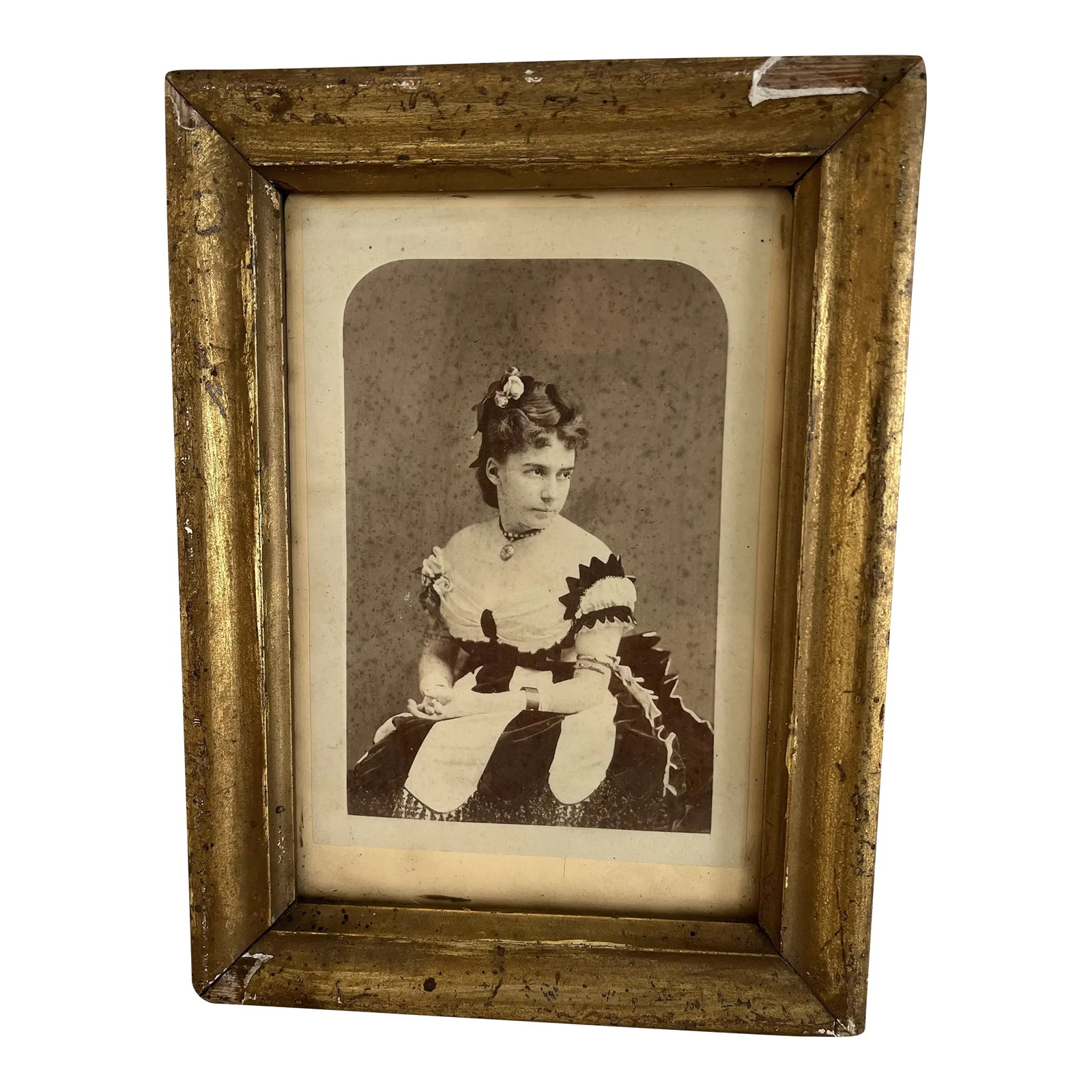 Mid 19th Century Victorian Albumen Carte De Visites of a a Lady in Period Dress, Framed: Victorian Era Albumen framed carte de visites of a lady, probably an actress, in fancy dress of the period with all the furbelows. Gilded frame which does have some loss on two corners. Sight 4.25 x