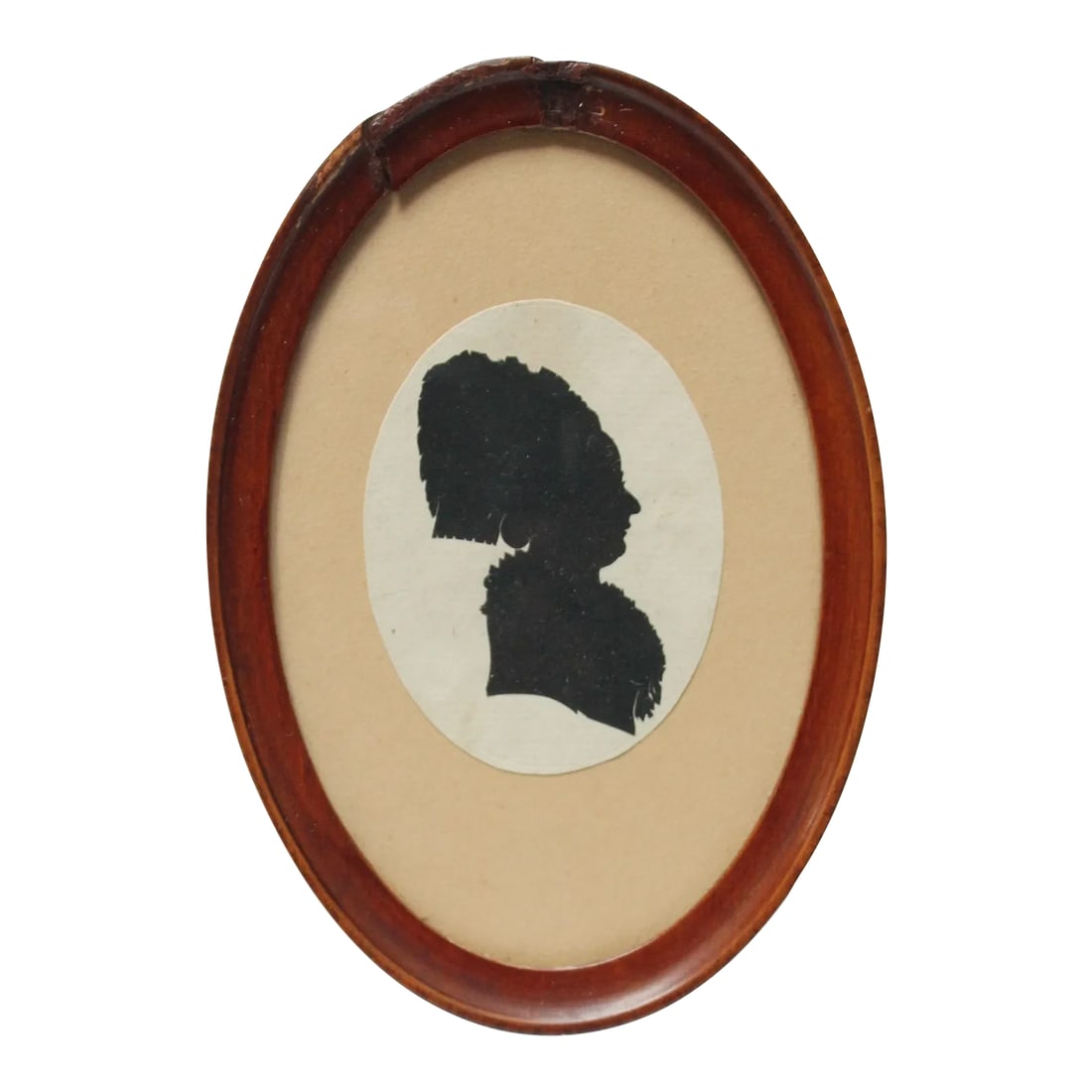 Eighteenth Century American Antique Framed "Lady" Silhouette: Early silhouette portrait of a lady by unknown maker in nice period walnut frame (ca. late 1700s, America). Wear commensurate with age notably a break and repair to the frame. H: 6.63" x L: 4.5" x D: