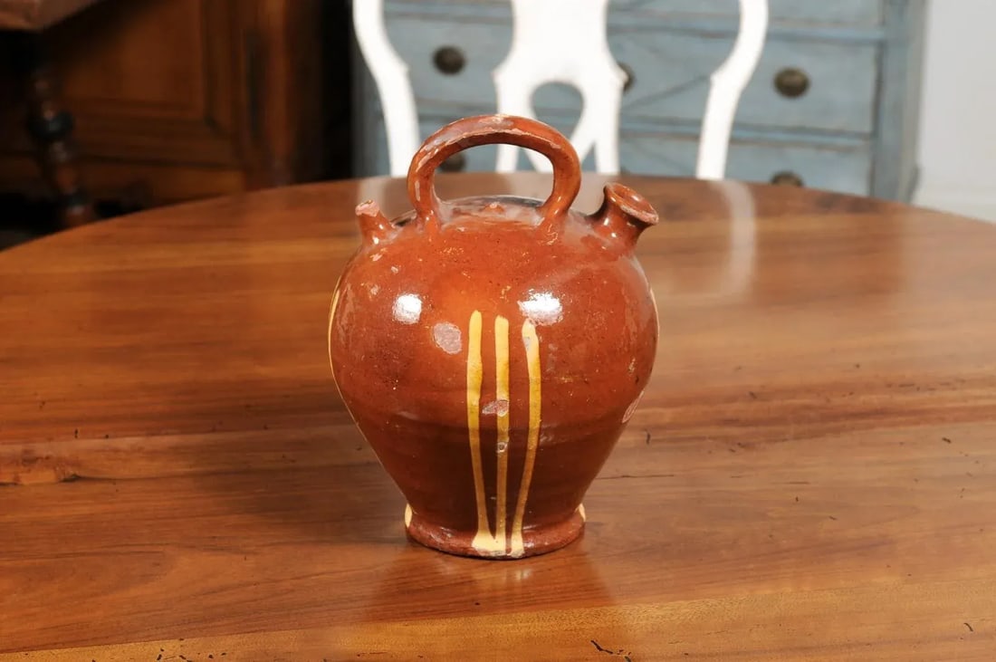 Rustic French 19th Century Pottery Jug with Russet Ground and Yellow Stripes - 10