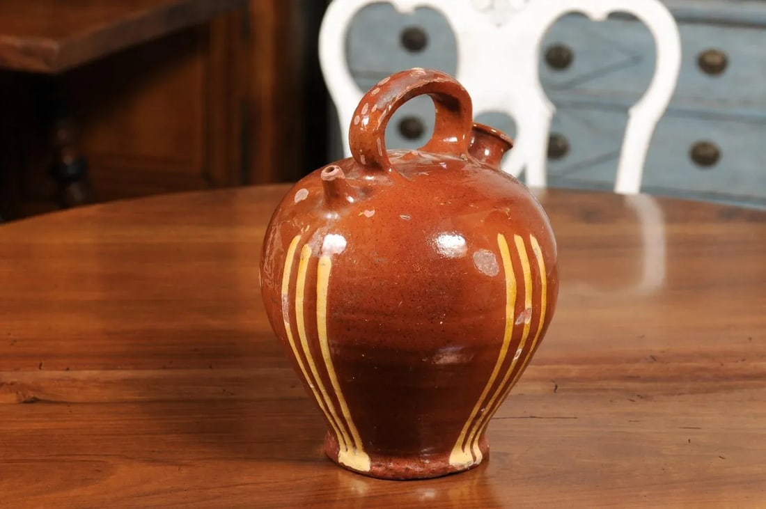 Rustic French 19th Century Pottery Jug with Russet Ground and Yellow Stripes - 11