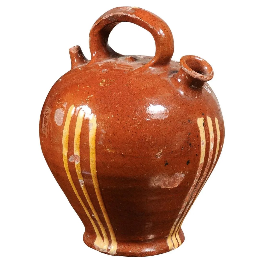 Rustic French 19th Century Pottery Jug with Russet Ground and Yellow Stripes - 12