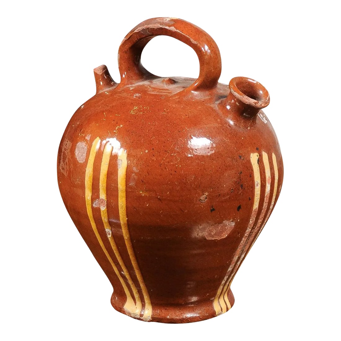 Rustic French 19th Century Pottery Jug with Russet Ground and Yellow Stripes: A rustic French pottery jug from the 19th century, with russet ground and yellow glazed stripes. Created in France during the 19th century, this pottery jug charms us with its generous lines and