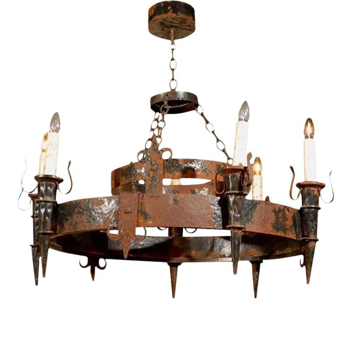 19th Century French Rusted Iron Six-Light Chandelier with Fleur De Lys Motifs (1 of 9)