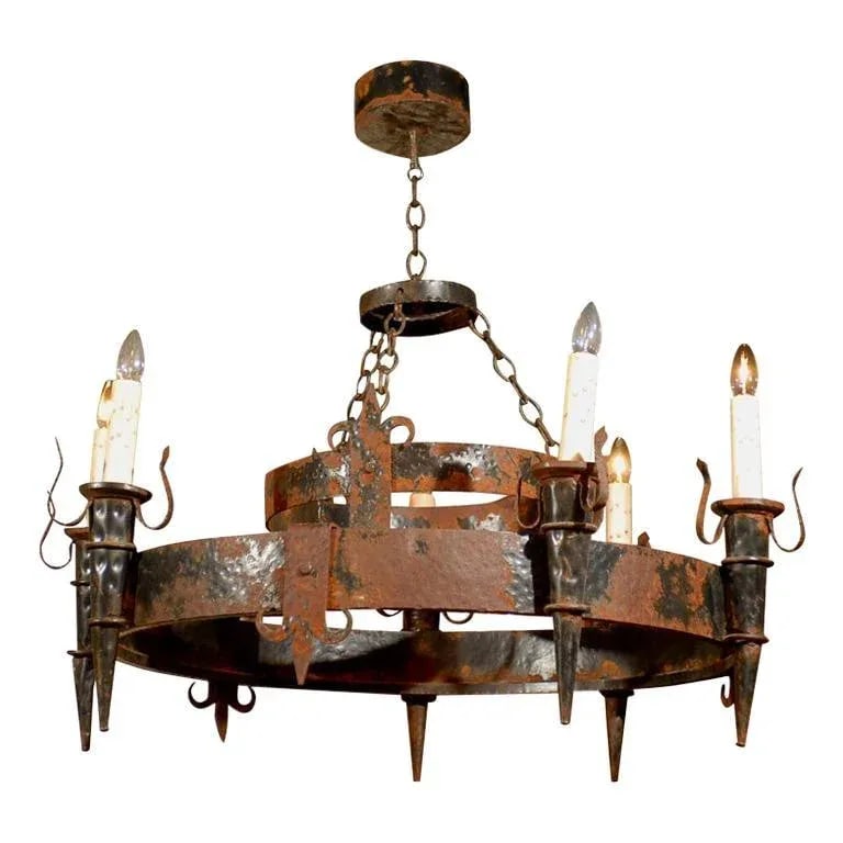 19th Century French Rusted Iron Six-Light Chandelier with Fleur De Lys Motifs - 9